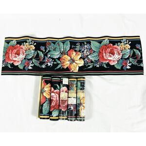 Vtg Lot of 5 Rolls Wallpaper Borders Floral Cabbage Roses Bold Black Background